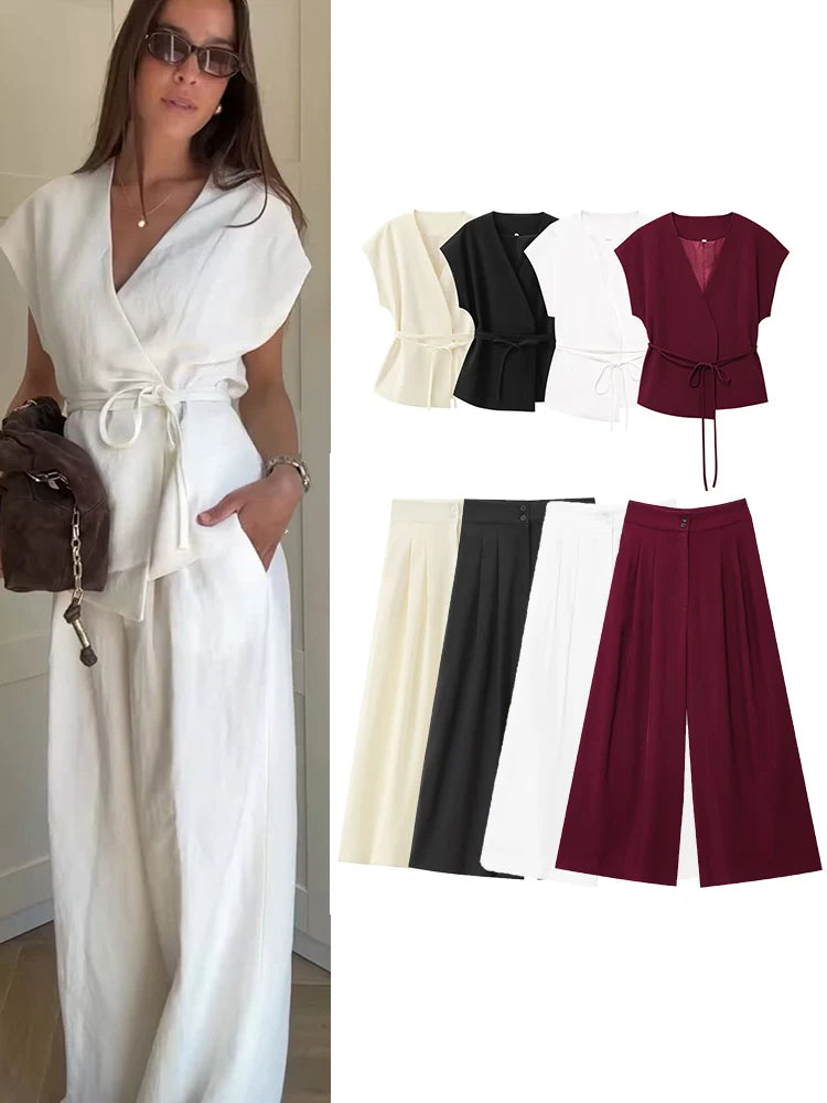 Women's Trouser Suits Sleeveless V-Neck Top