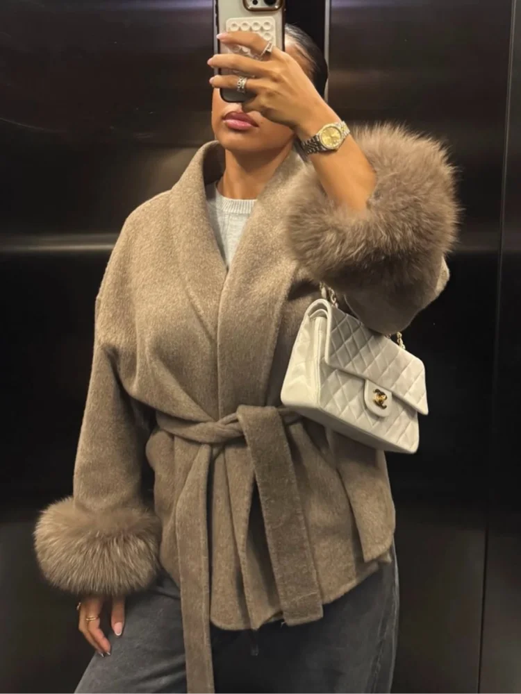 Women Solid Lace Up Woolen Short Coat