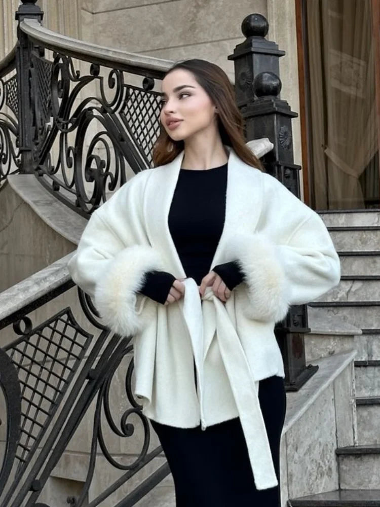 Women Solid Lace Up Woolen Short Coat