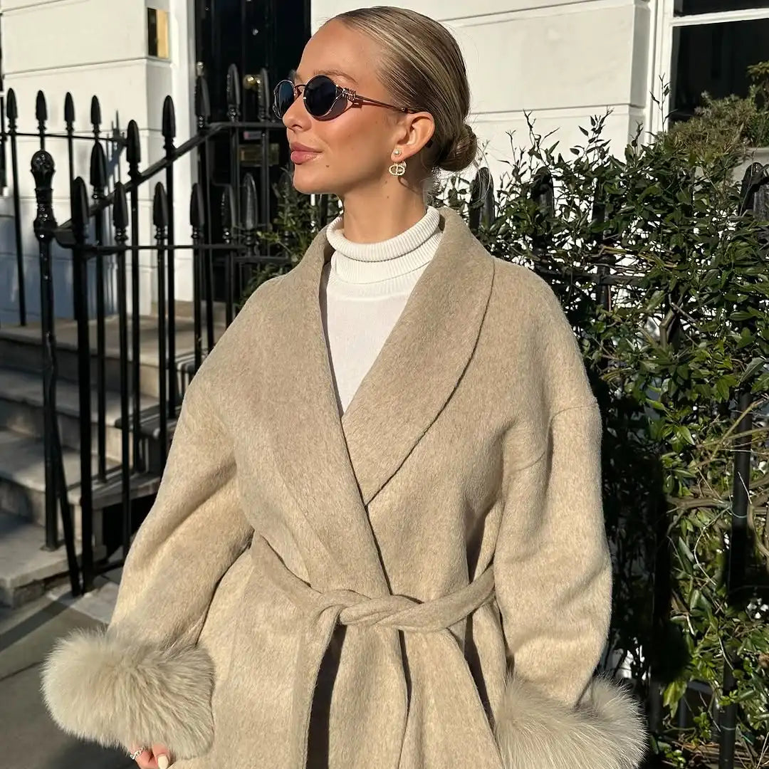 Women Solid Lace Up Woolen Short Coat