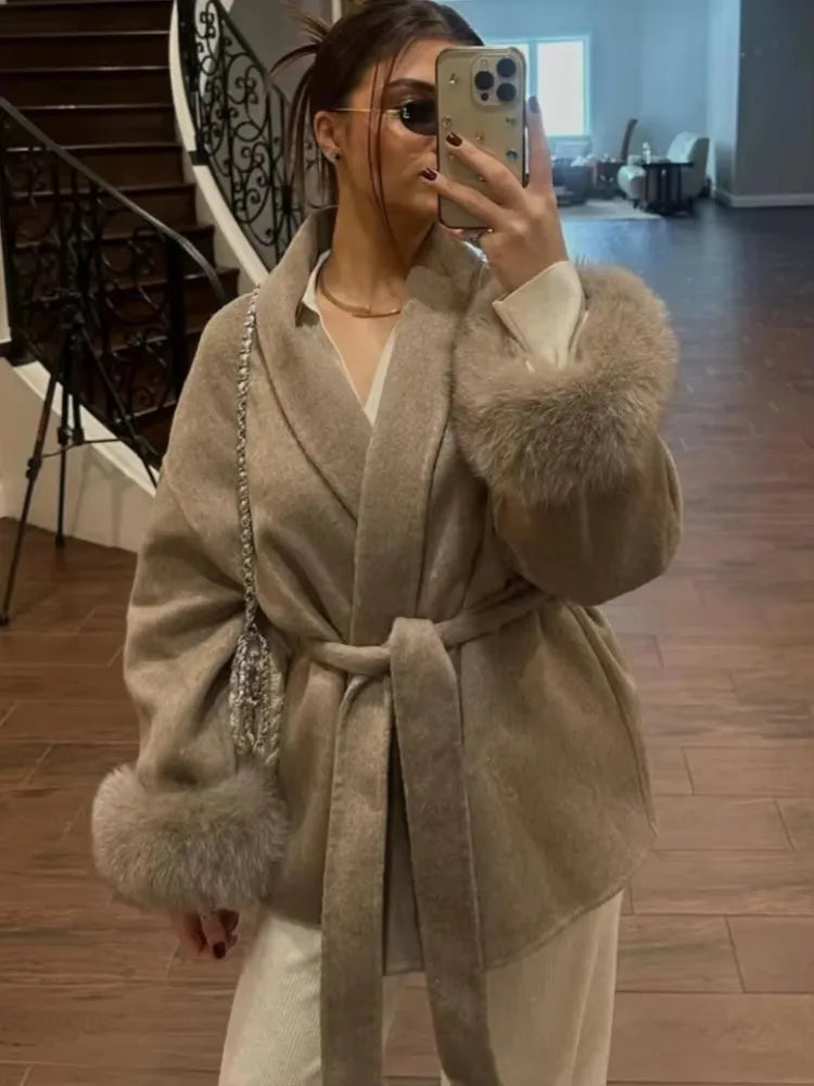 Women Solid Lace Up Woolen Short Coat