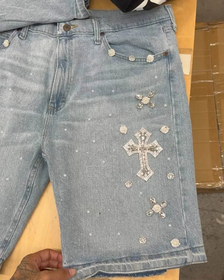 Diamond Cross Embroidery Shorts